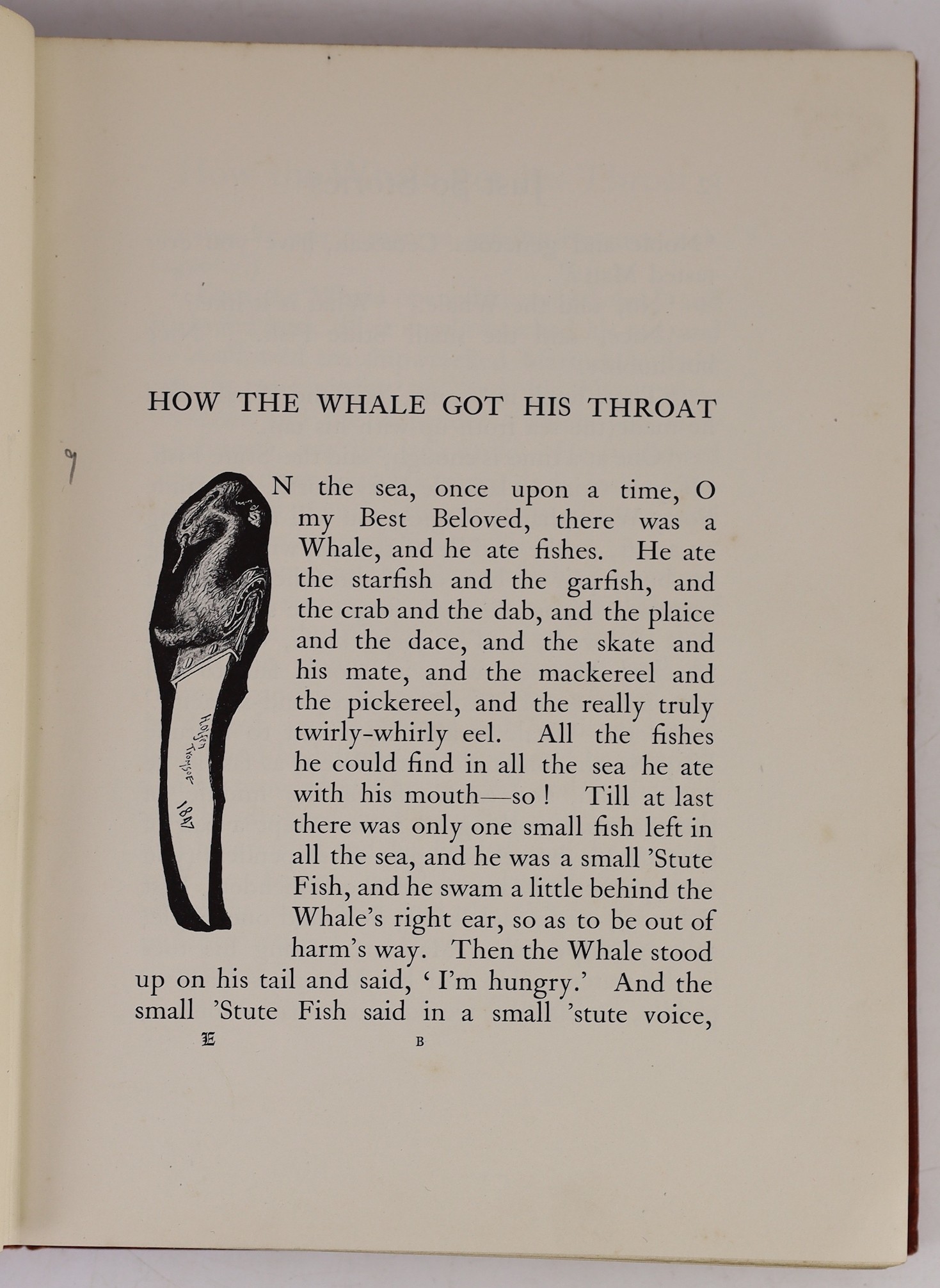 Kiping Rudyard - Just So Stories for Little Children. First edition. num. illus. (but the author, some full page), half title; publisher's black and white pictorially designed maroon cloth, 4to. 1902